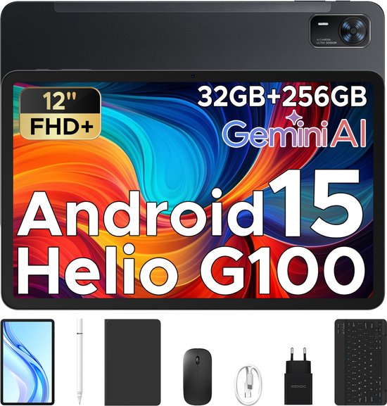 Tablet met Doogee Tab E3 Toetsenbord+ Android 15 Batterij 8800 mAh 12 "FHD+ 90Hz 32 GB+ 256 GB, Helio G100 Octa-Core Sim Face ID,Zwart