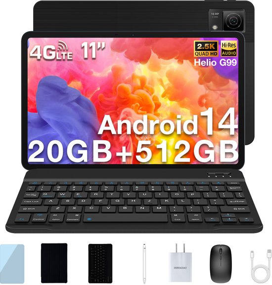 Tablet met toetsenbord DOOGEE T40 11"2,5K 20 GB RAM + 512 GB ROM Android 14 met Helio G99 Batterij 8580 mAh 16 MP + 8 MP Face ID,Zwart