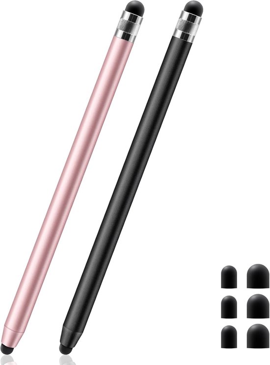 Tabletpen, 2-in-1 universele touchscreen-stylus met magnetische rubberen punt met 6 reserveopzetstukken voor iPad iPhone Samsung Huawei Xiaomi Surface Chromebook (zwart + roségoud)