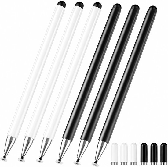 Tabletpen voor alle touchscreen-tablets, 2-in-1 precisiepunt en siliconen punt, zwart/wit, 6 stuks