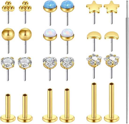 Threadless Flatback oorbellen voor dames, 20G, 18G, 16G, chirurgisch staal, neussteker met opaal, ster, maan, hart, CZ labret, tragus, kraakbeen, helix, 6 mm, 8 mm, 10 mm