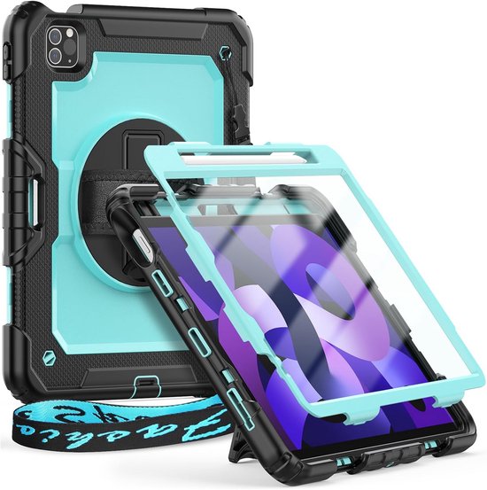 Timecity for ipad air case, iPad Air 4th/5th generation case 2020/2022, 10.9 inch heavy duty shockproof bumper case with screen protector, kickstand, wristband for kids 360° rotatable cover, L