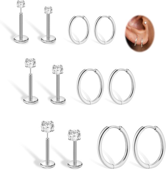 Titanium Platte Achteroorbellen, 6 Paar Schroef Terug Gouden Stud Earring Voor Vrouwen Mannen Zilveren Kleine Helix Oorbel Kraakbeen Conch Tragus Piercing Sieraden