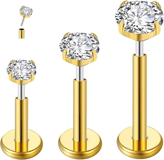 Titanium Tragus Piercing Sieraden Helix Labret Neus Stud Lip Bar Piercing Kraakbeen Oorbel Medusa Monroe Hypoallergeen Schroefdraad Push in Platte Rug Zilver Goud CZ 16g 6mm 8mm 10mm