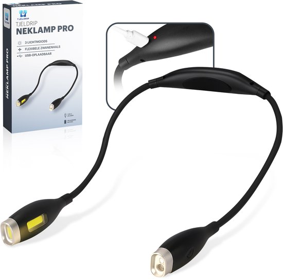 Tjeldrip ® Neklamp Pro – LED Leeslampje – Flexibele Nek Leeslamp – USB-C Oplaadbaar Leeslampje – Bedlamp – Neklampje voor Haakwerk – 3 Lichtkleuren – Zwart van Tjeldrip
