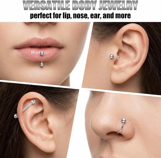 Tragus-piercing voor heren, 10 stuks, zilver, 16G, chirurgisch staal, labret, helix, 4-12 mm, kogels 3 mm