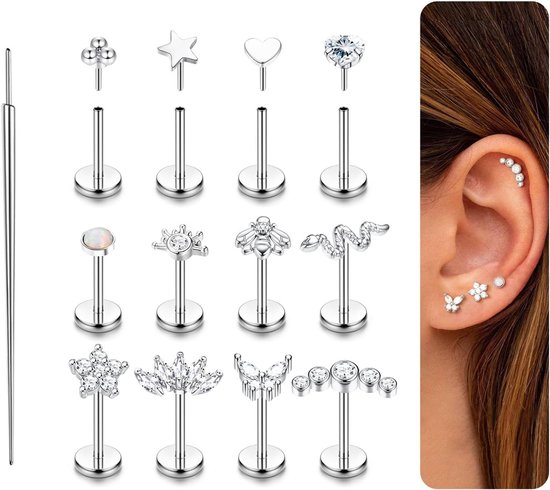 Traguspiercing voor dames, chirurgisch staal, zonder schroefdraad, roestvrij staal, goudkleurig, kraakbeen, hypoallergeen, 6/8 mm