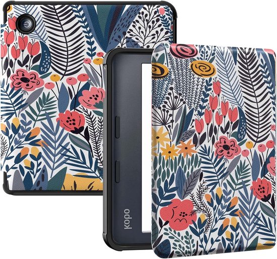 Ultra Slim en Lichtgewicht Folio Case voor Kobo Libra Colour 7" 2024 - Auto Wake/Sleep Functie, Blauwe Bladeren en Bloemen Design, Bescherming en Stijl