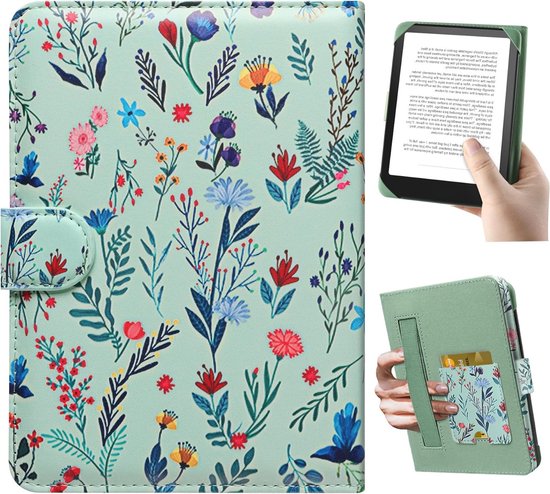 Universele Beschermhoes voor 6.8" en 7" E-readers, Geschikt voor Kobo Clara HD en PocketBook, Met Ingebouwde Pocket en Bloemenpatroon