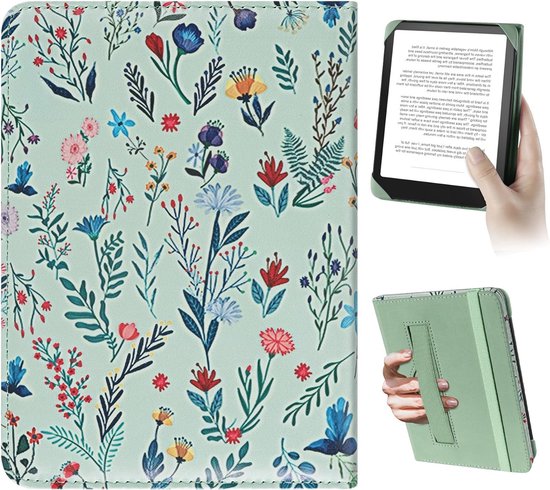 Universele E-Book Reader Hoes voor 6 Inch Pocketbook, Tolino en Sony - Beschermende Cover met Elastische Band en Witte Bloemen, Geschikt voor Kindle Paperwhite en Kobo Clara HD van Merkloos