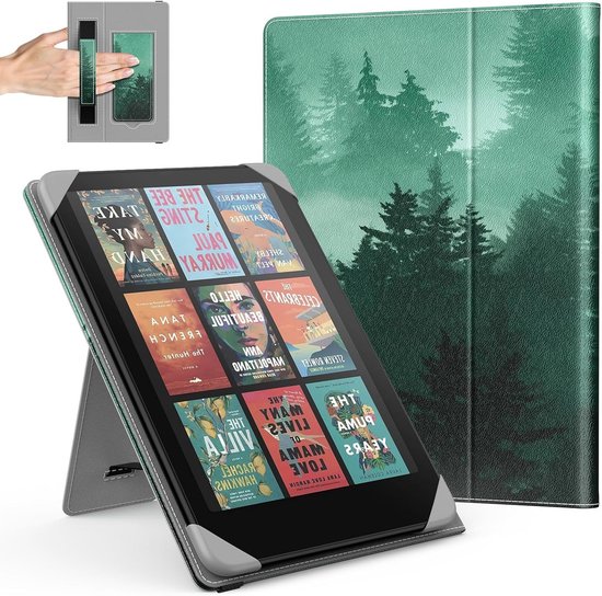 Universele Hoes voor 6.8 en 7 Inch eReaders en Tablets, Geschikt voor Kindle Paperwhite, Kobo Libra en Boox, Lichtgewicht Folio Beschermhoes met Handriem en Kickstand, Groene Bosprint van Merkloos