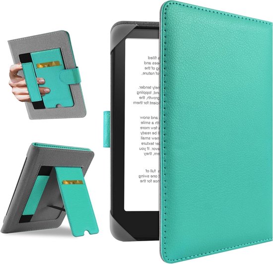 Universele leren beschermhoes voor 6.8'' eReaders zoals Paperwhite, Pocketbook en Kobo Clara HD, cyan kleur, optimale bescherming en stijl van Merkloos