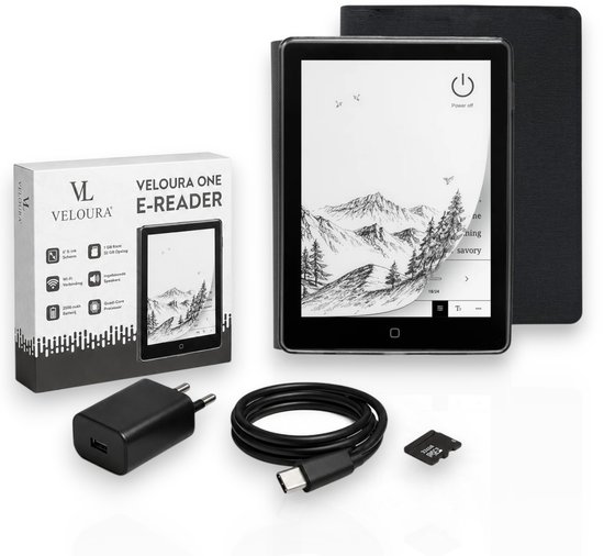 Veloura One E reader - inclusief 32GB SD kaart - 6 inch ereader met hoesje - met schermverlichting en nachtmodus - 64 GB opslag - online luisterboeken en storytel ondersteuning - nederlandstalig ebook
