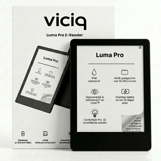 viciq Luma Pro ereader - 2026 model E-reader - Schermverlichting - 64GB opslag- 6 inch touchscreen - E-book reader - Inclusief oplader - Inclusief leren beschermhoes