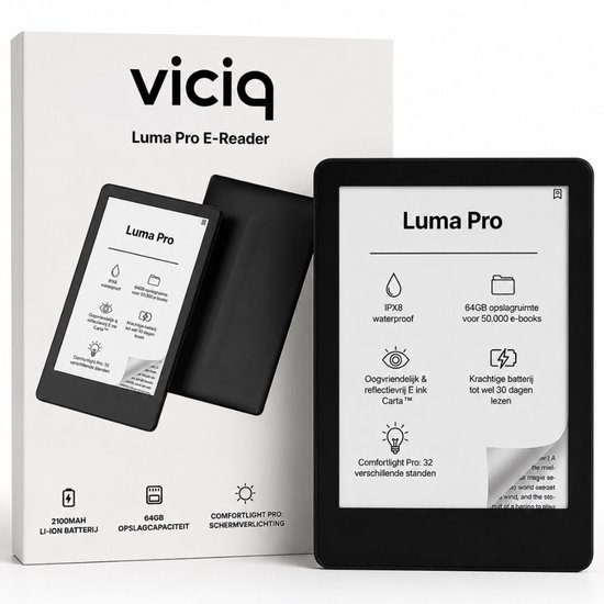 Viciq Luma Pro ereader - 2026 model E-reader - Schermverlichting en Nachtmodus - 64GB opslag- 6 inch touchscreen - Storytell - e reader - Inclusief oplader - Inclusief leren beschermhoes
