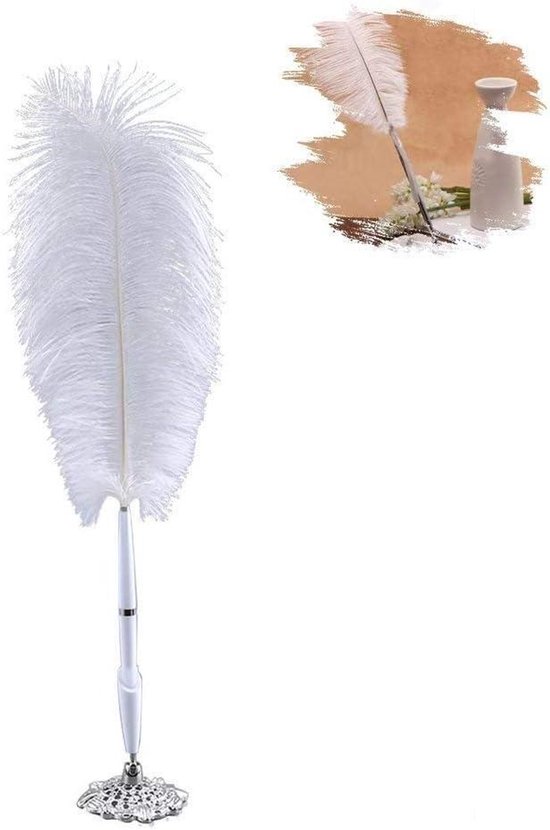 Witte Quill Pen van Struisvogelveer voor Bruiloft met Zilveren Base - Elegantie op Je Gastenboek - Handtekening of Gast Pen
