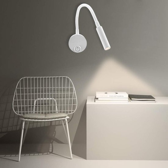 Witte wandlamp, warme, zachte, witte gebogen hoofdlamp, 3 watt wandgemonteerde minimalistische nachtleeslamp met drukknopschakelaar van Merkloos
