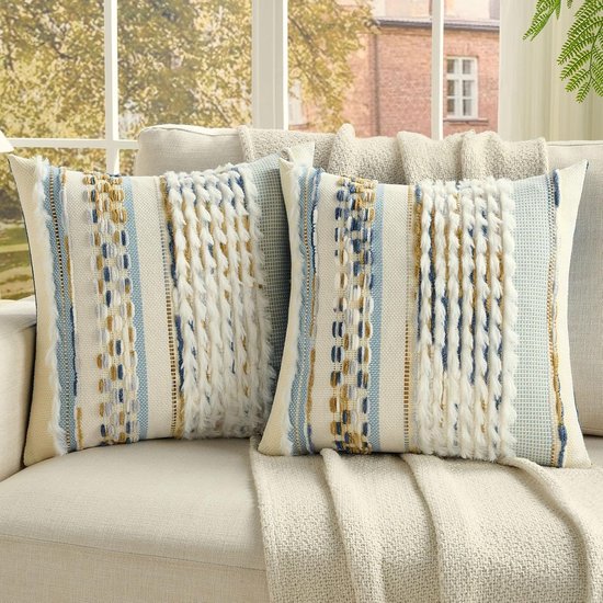 Ystyle Chenille Kussenovers 50x50 cm, 2 Stuks, Gestreept, Geborduurd, Zacht, Boho Decoratieve Kussenovers voor Bank, Woonkamer en Slaapkamer, Donkerblauw