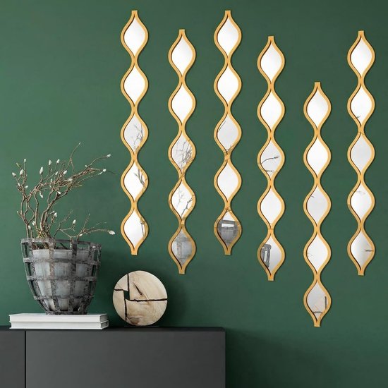Yulejo 6 stuks acryl traan spiegel muur decor decoratieve spiegel smalle muur decor Boho vintage muurstickers kunst voor appartement huis woonkamer badkamer slaapkamer hal (gouden rand)
