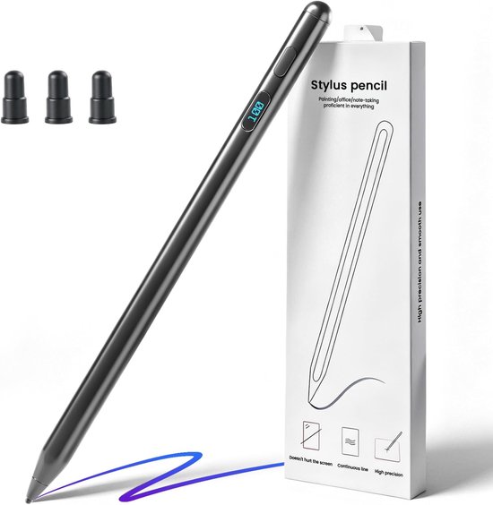 Zwart met led-batterijindicator, nauwkeurige stylus pen voor iPad en Android tablets, 2 modi met Palm Rejection, USB-C snel opladen, 8-10 uur looptijd, magnetisch, lichte touchscreen-pen